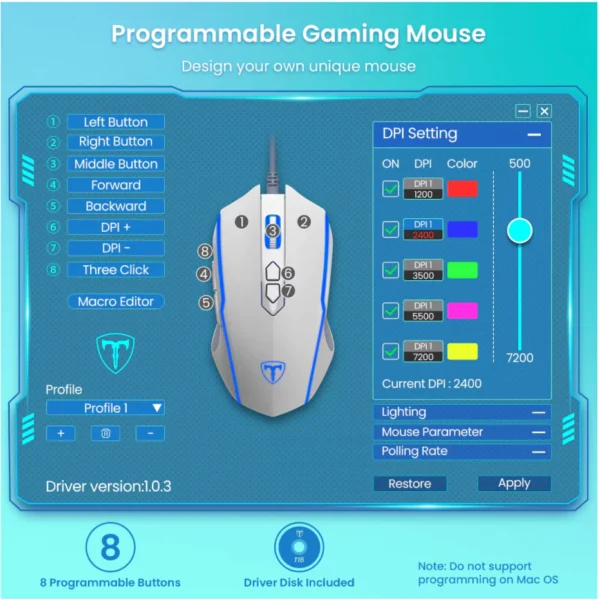 VicTsing T16 Gaming Mouse 7200 DPI 8 Programmable Buttons USB Wired RGB Mouse